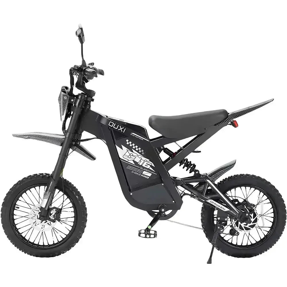 Ouxi GT16 fatbike in zwart, zijaanzicht van de andere kant met schijfrem achter en standaard