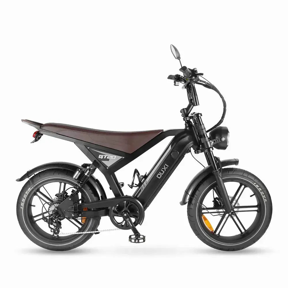 Ouxi GT20 Fatbike in Schwarz, rechte Seitenansicht mit langem braunem Sattel und rundem Scheinwerfer
