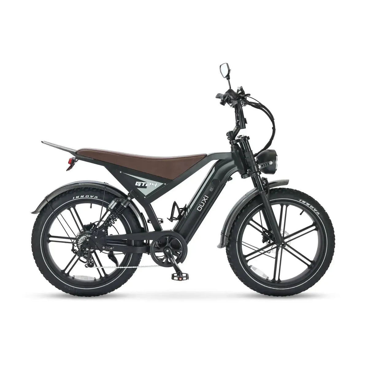 Ouxi GT24 Fatbike in Schwarz, Seitenansicht von rechts mit braunem Sattel und Kette auf der Antriebsseite