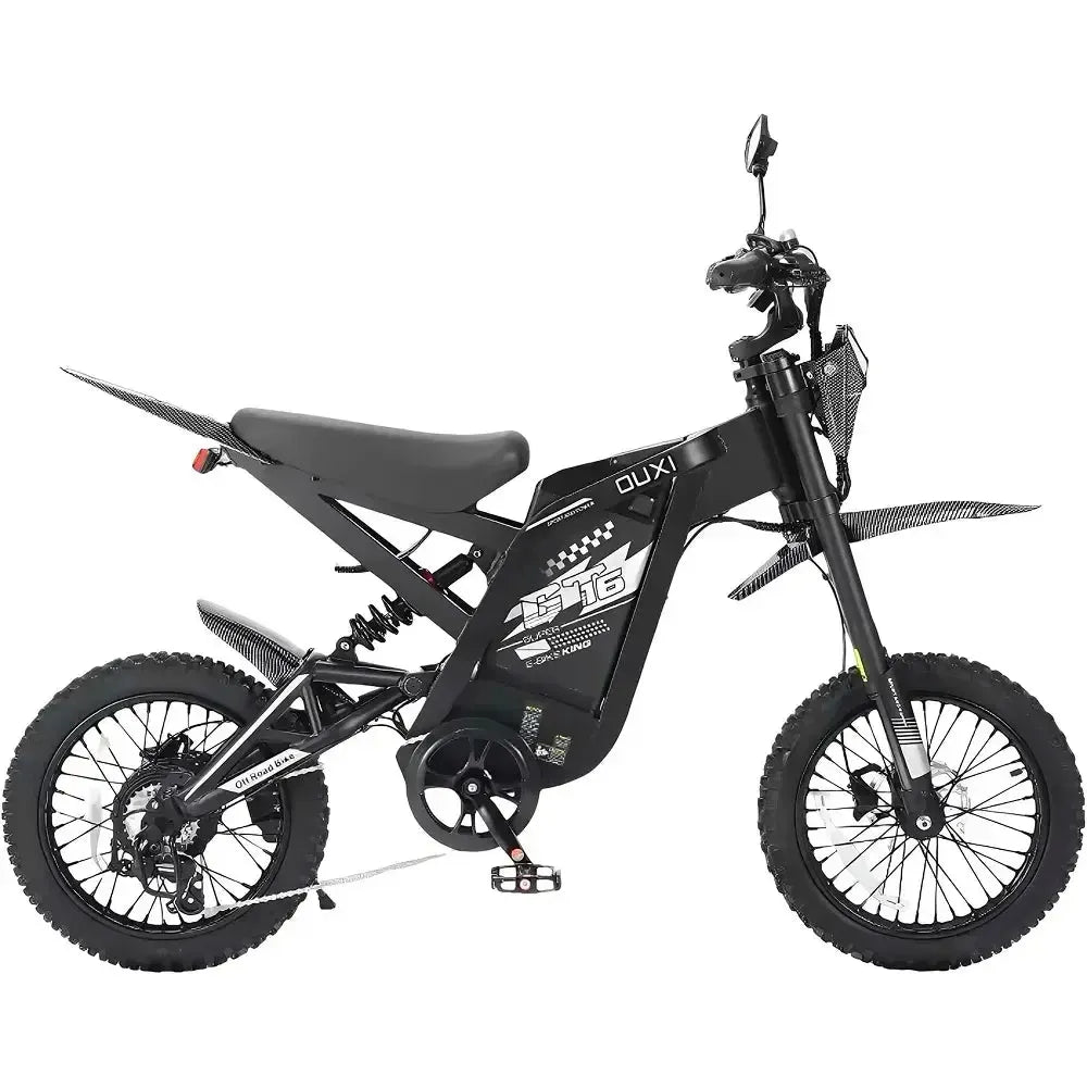 Ouxi GT16 Fatbike in Schwarz, Seitenansicht mit Kette, Gängen und Hinterradfederung