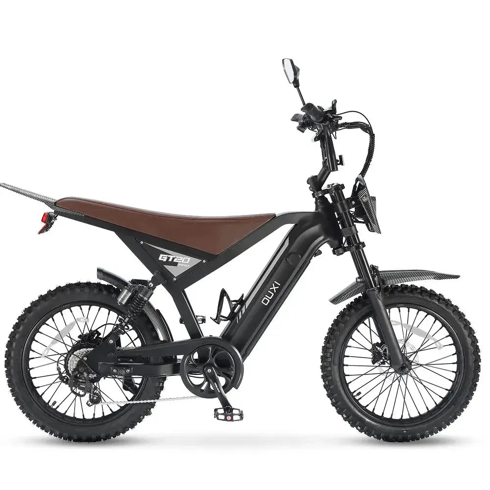 Ouxi GT20 Pro Fatbike in Schwarz, Seitenansicht mit braunem Sattel, Hinterradfederung und Stollenreifen
