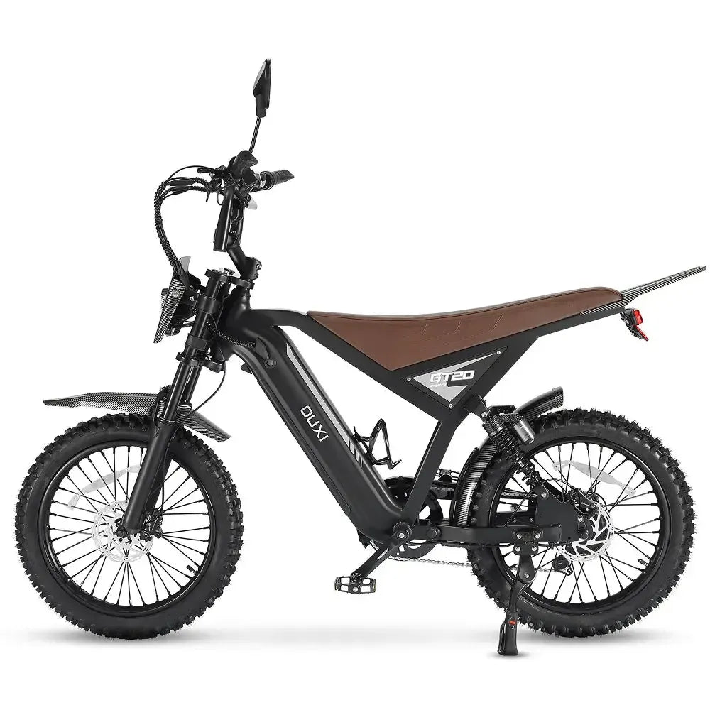 Ouxi GT20 Pro Fatbike in Schwarz, Seitenansicht nach links mit ausgeklapptem Ständer
