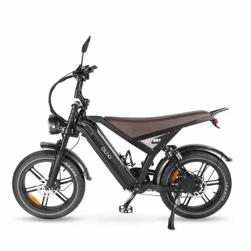 Ouxi GT20 Fatbike in Schwarz, linke Seitenansicht auf dem Ständer mit Scheibenbremsen und Hinterradfederung