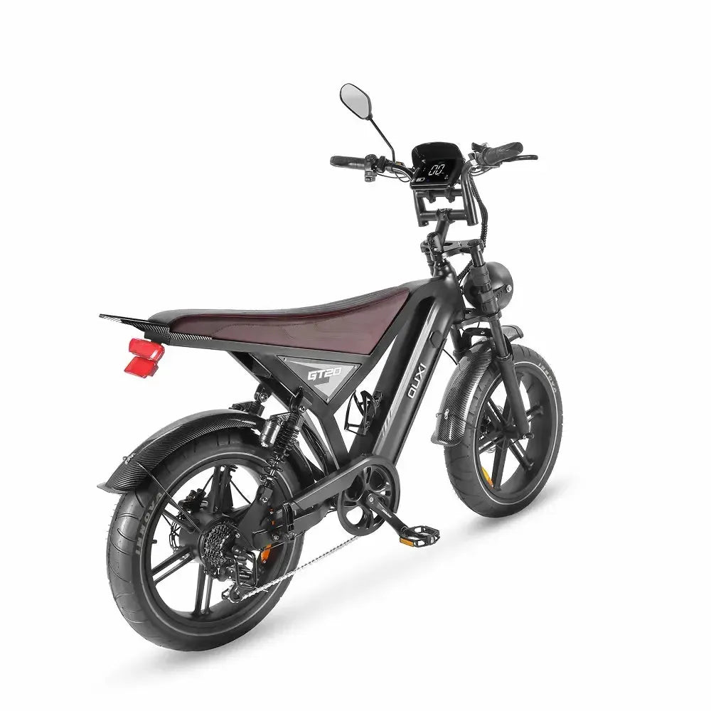 Ouxi GT20 Fatbike in Schwarz, schräge Rückansicht mit rotem Rücklicht, Spiegel und Display