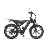 Ouxi GT24 Fatbike in Schwarz, Seitenansicht von rechts mit braunem Sattel und Kette auf der Antriebsseite
