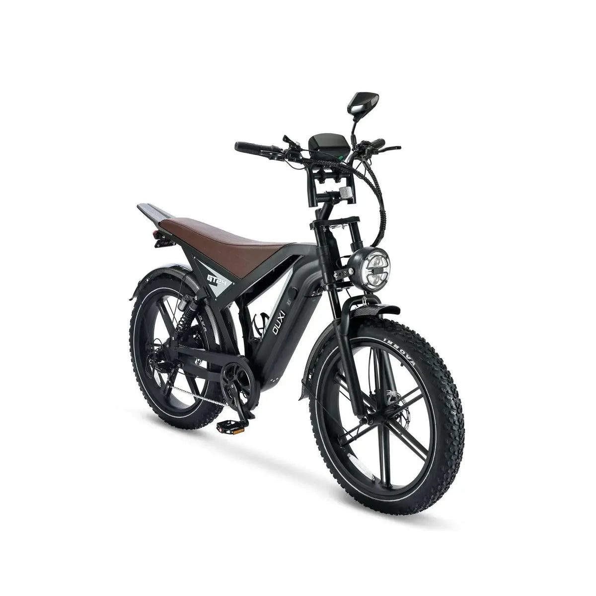 Ouxi GT24 Fatbike in Schwarz, schräge Vorderansicht mit rundem Scheinwerfer, Display und dicken Reifen