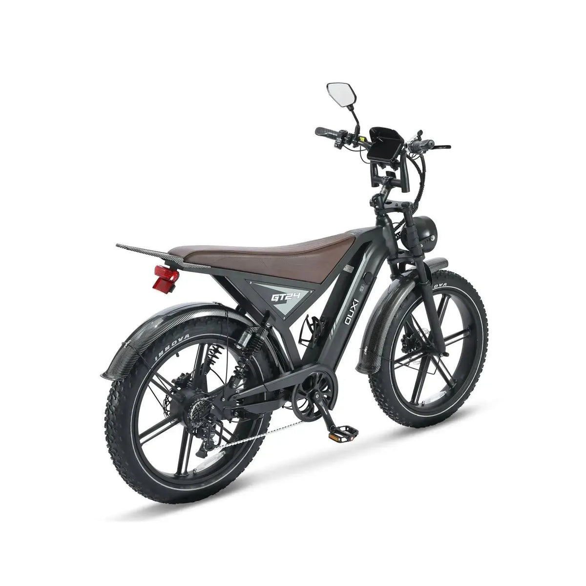 Ouxi GT24 Fatbike in Schwarz, schräge Rückansicht mit Rücklicht, langem Sattel und Hinterradfederung