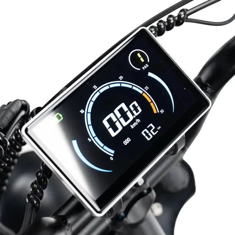 Ouxi V8 2025 fatbike in zwart, detail van het kleurendisplay met snelheidsmeter en PAS-niveau