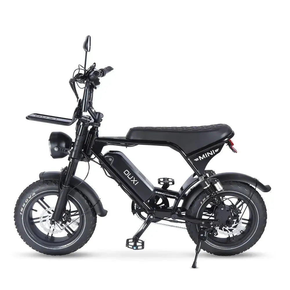 Ouxi V8 Ultra Mini fatbike in black, left side view with saddle, battery and kickstand