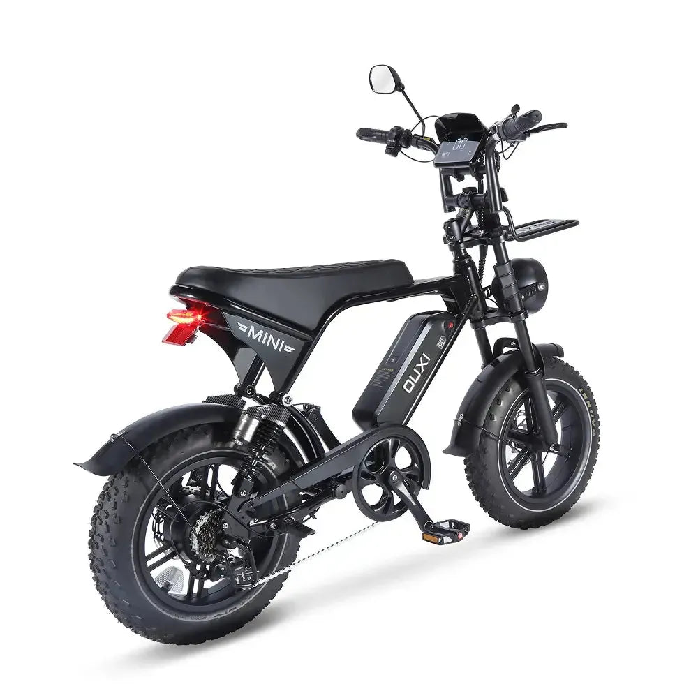 Ouxi V8 Ultra Mini fatbike in black, angled rear view with rear light and display