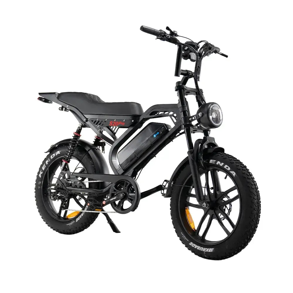Фэтбайк QMWheel S20 Pro в чёрном цвете, вид спереди под углом справа с круглой LED-фарой
