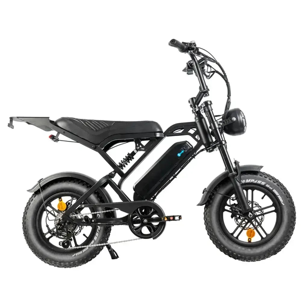 QMWheel V20 Mini Fatbike in Schwarz, Seitenansicht rechts mit langem Sattel, Gepäckträger und dicken Reifen