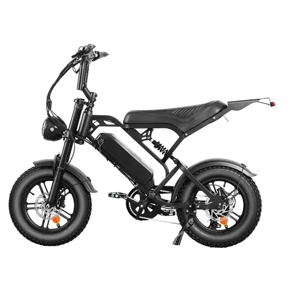 QMWheel V20 Mini Fatbike in Schwarz, Seitenansicht links mit Scheinwerfer, Akku im Rahmen und Scheibenbremsen